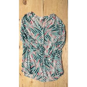 Old Navy Womens Large Tropical Palm Leaf Tunic Shirt Green Pink Rayon‎ V-Neck L